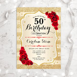 50. Geburtstag - Rose in Gold Streifen Einladung<br><div class="desc">Einladung zum 50. Geburtstag. Elegantes Design in Gold und Rot. Features Imitate Glitzer goldene Streifen,  rote Rosen stilvolle Skript-Schriftart und Konfetti. Ideal für eine gläserne Geburtstagsfeier.</div>