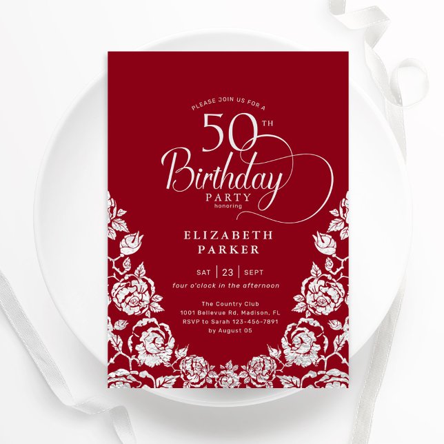 50. Geburtstag Rot Silber Rose Einladung (Von Creator hochgeladen)
