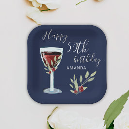 50. Geburtstag Roter Wein Rose Watercolor Navy Blu Pappteller