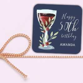 50. Geburtstag Roter Wein Rose Watercolor Navy Blu Quadratischer Aufkleber