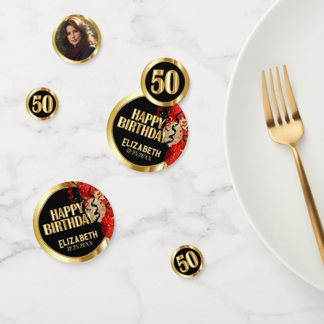 50. Geburtstag - Rotes, Schwarzes und Gold 🎈 Foto Konfetti (Gruppe)