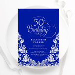 50. Geburtstag Royal Blue Silver Rose Einladung<br><div class="desc">Königlich blau silber elegante 50. Geburtstagsfeier Einladung. Klassisches Design mit Rose,  Imitaten Silberfolie und Typografie Script Schriftart. Die trendige Einladungskarte eignet sich perfekt für eine stilvolle Damenfeier. Personalisieren Sie Ihre persönlichen Daten. Kann für jedes Alter angepasst werden. Gedruckte Zazzle-Einladungen oder Sofortdownload digitaler Druckvorlage.</div>