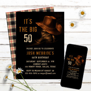 50. Geburtstag Rustikaler Cowboy-Hut und Lederstie Einladung