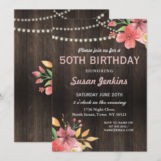 50. Geburtstag Rustikales Holz Rosa Blume Einladun Einladung