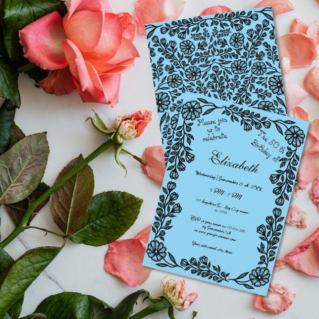 50. Geburtstag Schwarz & Blau Botanische Flora Einladung (Von Creator hochgeladen)