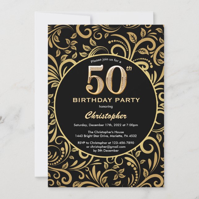 50. Geburtstag Schwarz-Gold-Blütenmuster Einladung (Vorderseite)