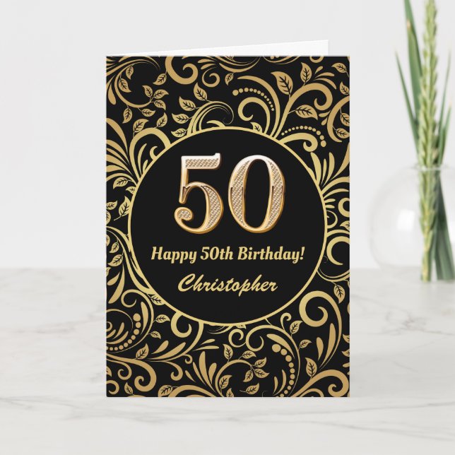 50. Geburtstag Schwarz-Gold-Blütenmuster Karte (Vorderseite)