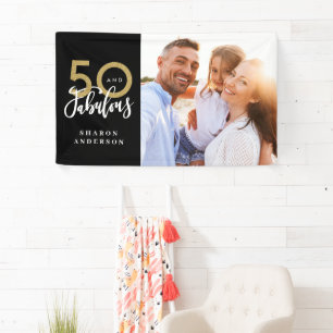 50. Geburtstag Schwarz-Gold-Foto-Collage Banner