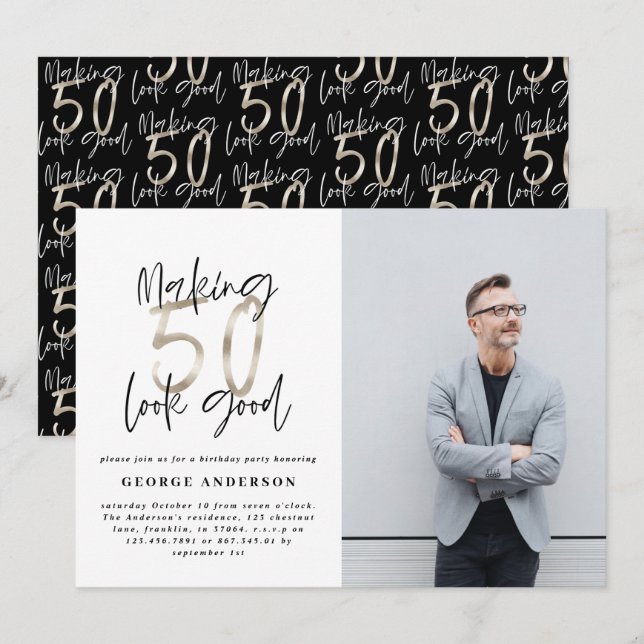 50. Geburtstag schwarz silber elegant modern (Vorne/Hinten)