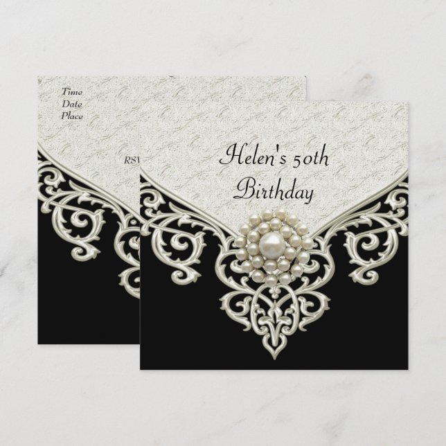 50. Geburtstag Schwarz-weißes Perlenschmuck Einladung (Vorne/Hinten)
