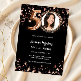50. Geburtstag schwarze Rose Gold Foto Sterne Luxu Einladung