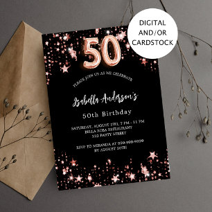 50. Geburtstag schwarze Rose goldene Sterne Einladung