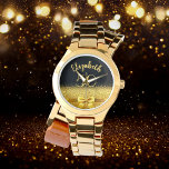 50. Geburtstag schwarzer Goldname Armbanduhr<br><div class="desc">Elegant,  klassisch,  glamourös und feminin. Ein Imitat mit goldfarbenem Bogen und Band,  ein bisschen Bling und Luxus für ein Geburtstagsgeschenk oder Sake. Schwarzer Hintergrund. Vorlagen für ihren Namen und das Alter von 50 Jahren. Der Name ist mit einem modernen handgeschriebenen Stilskript geschrieben.</div>