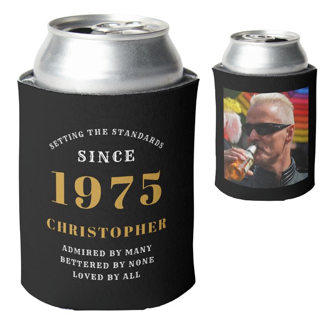 50. Geburtstag Schwarzes Gold mit Foto Dosenkühler (Personalized 50th birthday can cooler with name and photograph)