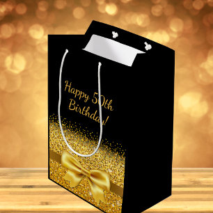50. Geburtstag schwarzes Gold Name elegant Mittlere Geschenktüte