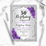 50. Geburtstag - Silberstreifen Lila Rose Einladung<br><div class="desc">Einladung zum 50. Geburtstag. Elegantes Blumendesign in Silber und lila. Features Imitate Glitzer silberne Streifen,  lila Rose stilvolle Skript-Schriftart und Konfetti. Ideal für eine gläserne Geburtstagsfeier.</div>