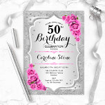 50. Geburtstag - Silberstreifen Rosen Einladung<br><div class="desc">Einladung zum 50. Geburtstag. Elegantes Blumendesign in Silber und Rosa. Features Imitate Glitzer silberne Streifen,  rosa Rosen stilvolle Skript-Schriftart und Konfetti. Ideal für eine gläserne Geburtstagsfeier.</div>