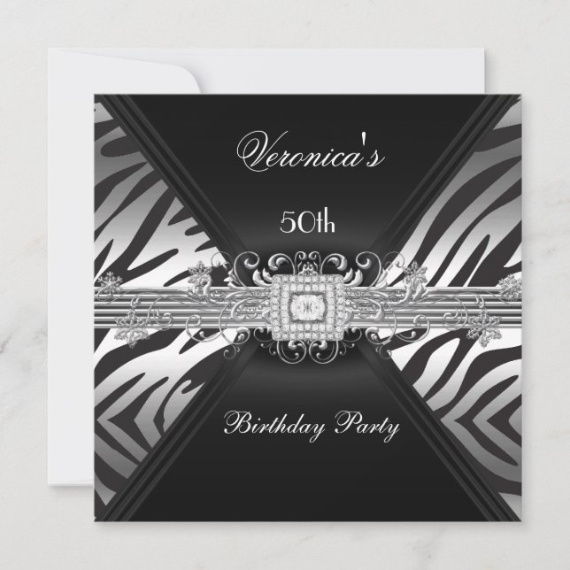 50. Geburtstag Silver Black Zebra Diamond Image Einladung (Vorderseite)