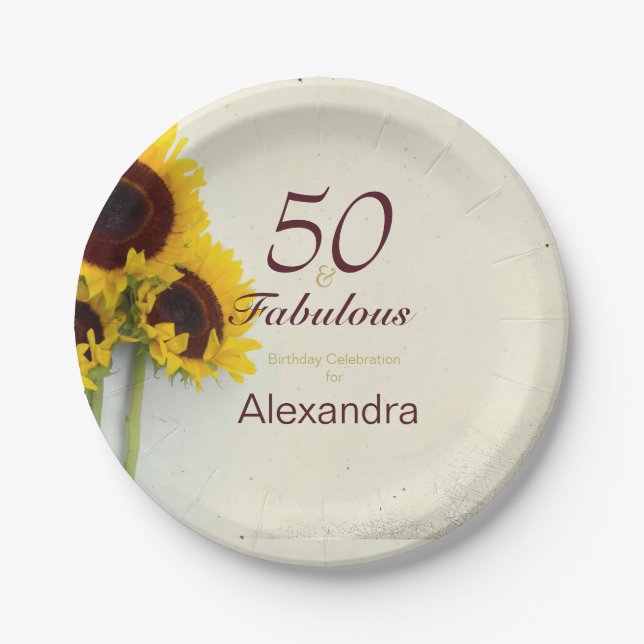 50. Geburtstag Sonnenblume Rustikales Party Pappteller (Vorderseite)