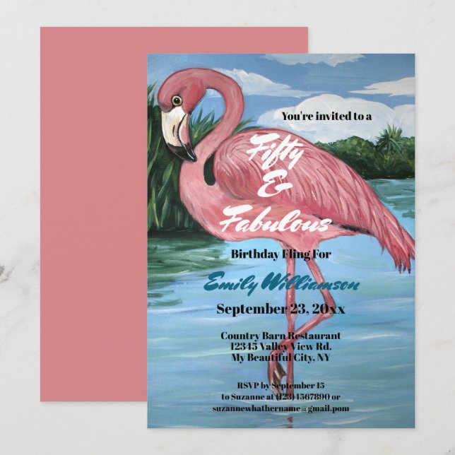 50. Geburtstag Tropisch rosa Flamingo Einladung  (Vorne/Hinten)