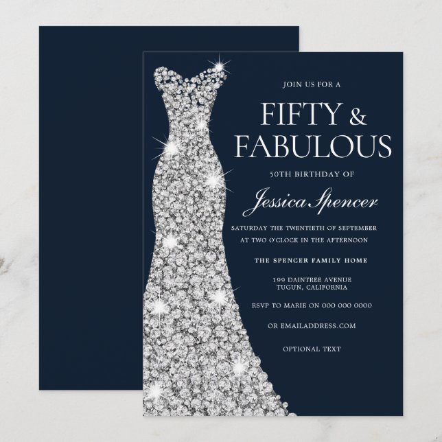 50. Geburtstag von Silver Diamond Gown Einladung (Vorne/Hinten)