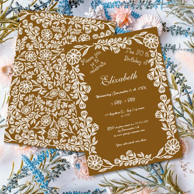 50. Geburtstag Weiß & Braun Botanisches Flor Einladung (Von Creator hochgeladen)