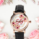 50. Geburtstag weiß rosa Blütengold geometrisch Armbanduhr<br><div class="desc">Eine trendige Uhr für ein 50. Geburtstagsgeschenk. Mit einem Imitat goldhexagon geometrisch geformten Rahmen. Die Blume sind in Rosa,  Creme und Korallen mit Aquarellfarben dekoriert. Weißer Hintergrund. Vorlagen für einen Namen,  50 Jahre und ein Datum. Geburtsdatum oder Geburtsdatum des Party. Briefe aus Burgund und Korallen.</div>
