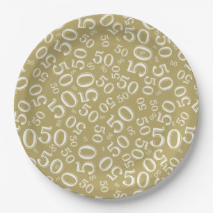 50. Geburtstag Zahlenmuster Gold/Weiß Pappteller