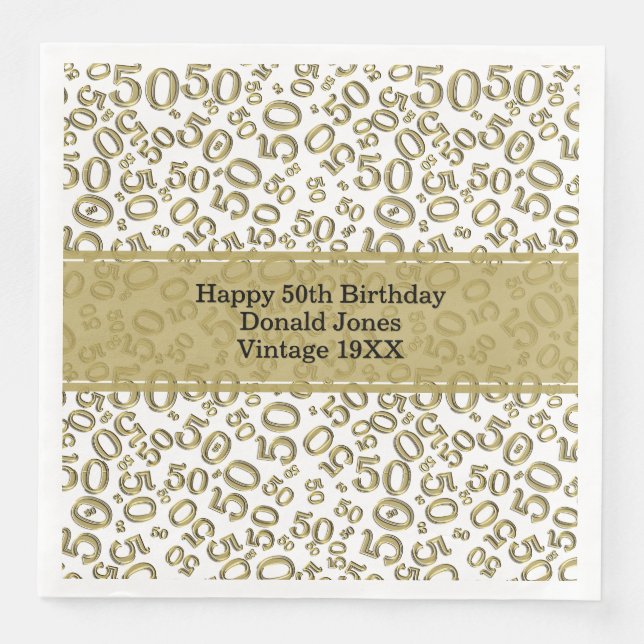 50. Geburtstag Zahlenmuster Gold/Weiß Serviette (Vorderseite)