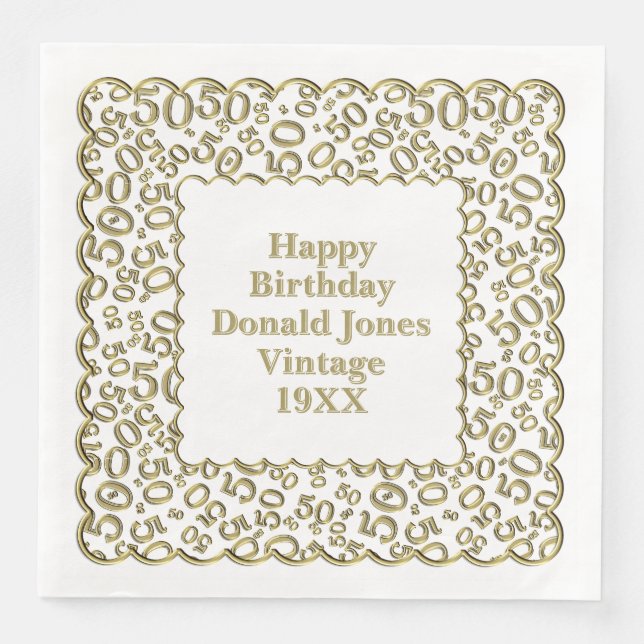 50. Geburtstag Zahlenmuster Scallops Gold/Weiß Serviette (Vorderseite)