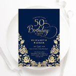 50. Geburtstags-Navy-Gold-Rose Einladung<br><div class="desc">Navy blaues Gold elegante 50. Geburtstagsfeier Einladung. Klassisches Design mit Rose,  Imitaten Goldfolie und Typografie Script Schriftart. Die trendige Einladungskarte eignet sich perfekt für eine stilvolle Damenfeier. Personalisieren Sie Ihre persönlichen Daten. Kann für jedes Alter angepasst werden. Gedruckte Zazzle-Einladungen oder Sofortdownload digitaler Druckvorlage.</div>