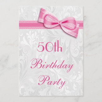 50. Geburtstags-Party-Damast und rosa Imitat-Bogen Einladung