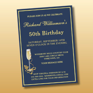 50. Geburtstagsfeier Elegante Navy-Gold-Einladung Einladung