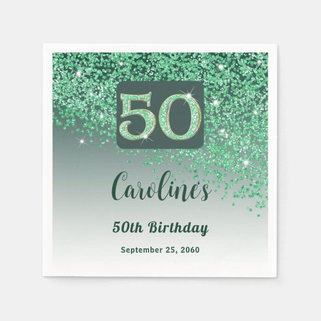 50. Geburtstagsfeier Funkelnder grüner Glitter Serviette (Vorderseite)