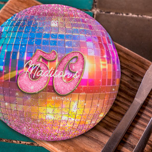 50. Geburtstagsfeier Gold Pink Glitter Disco-Kugel Pappteller