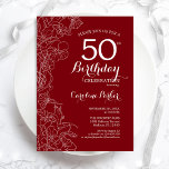 50. Geburtstagsfeier mit Roter Flora Einladung<br><div class="desc">Einladung zur 50. Geburtstagsfeier von Red White Floral. Minimalistisches modernes Design mit botanischer Kontur zeichnend Akzente und Typografie Drehbuch Schriftart. Einfache,  trendige Einladungskarte für eine stilvolle Damenfeier. Kann für jedes Alter angepasst werden. Gedruckte Zazzle Einladungen oder Sofortdownload digitalen druckbaren Vorlage.</div>