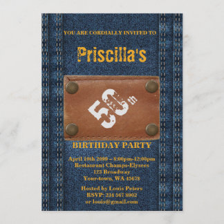 50., Geburtstagsfrau, jedes Alter, Denim-Stil Einladung