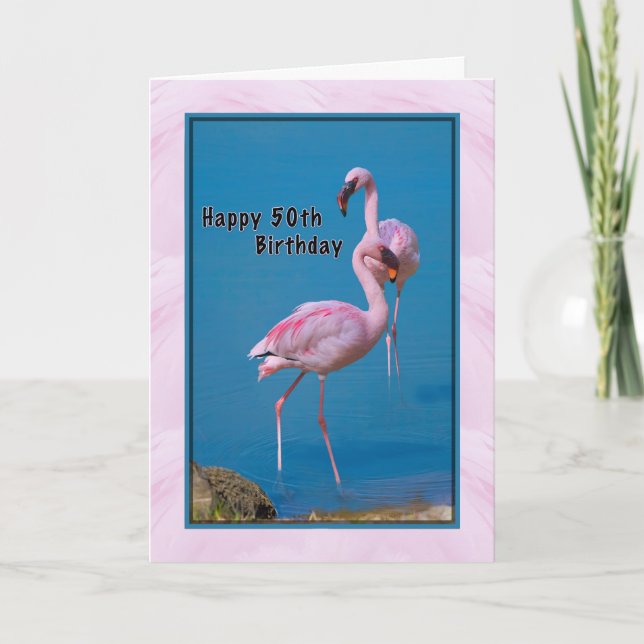 50. Geburtstagskarte mit rosa Flamingo Karte (Vorderseite)