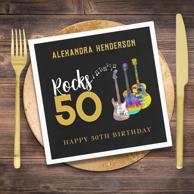50. Geburtstagsmusik Gitarre Rocks 50 Serviette (Rock and roll guitar black and gold personalized name 50th birthday party paper napkins)