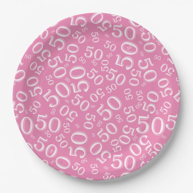 50. Geburtstagsnummer Muster Rosa/Weiß Pappteller (Vorderseite)