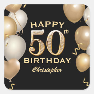 50. Geburtstagsparty Black and Gold Ballons Quadratischer Aufkleber