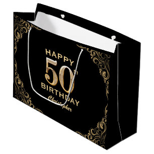 50. Geburtstagsparty Black and Gold Glitzer Frame Große Geschenktüte