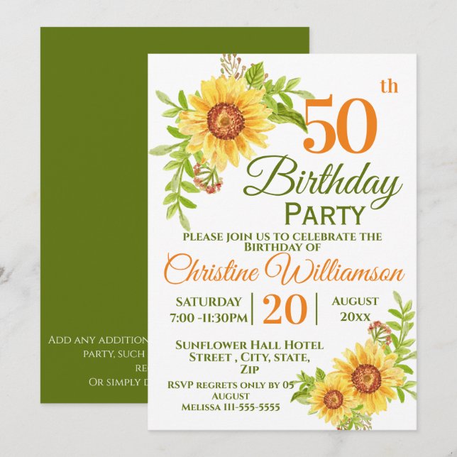 50. Geburtstagsparty Blumenblume Einladung (Vorne/Hinten)