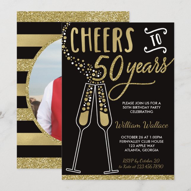 50. Geburtstagsparty Einladung, Gold, Schwarz Einladung (Vorne/Hinten)