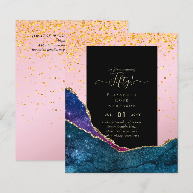 50. Geburtstagsparty Einladungen Glitzer Glamour (Vorne/Hinten)