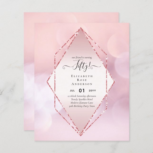 50. Geburtstagsparty Einladungen Glitzer Glamour (Vorne/Hinten)