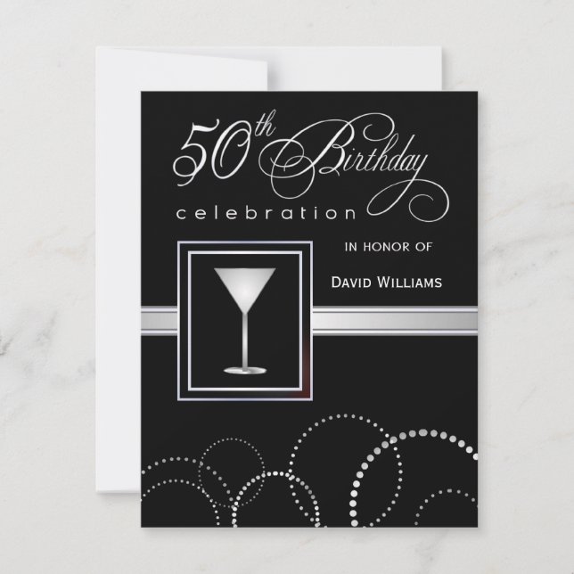 50. Geburtstagsparty Einladungen - Schwarz und Sil (Vorderseite)