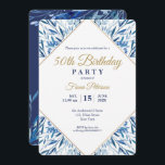 50. Geburtstagsparty Foto auf Rückladung Einladung<br><div class="desc">Goldrahmen und blaue Blätter 50. Geburtstagsfeier Einladungskarte. Finden Sie passende Produkte in unserem Shop oder kontaktieren Sie uns.</div>