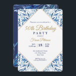 50. Geburtstagsparty Foto auf Rückladung Einladung<br><div class="desc">Goldrahmen und blaue Blätter 50. Geburtstagsfeier Einladungskarte. Finden Sie passende Produkte in unserem Shop oder kontaktieren Sie uns.</div>