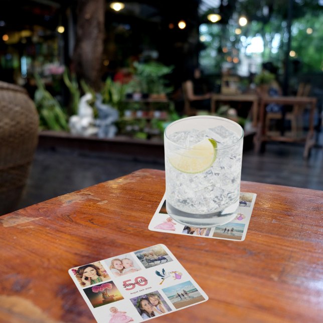 50. Geburtstagsparty Foto Collage Rechteckiger Pappuntersetzer (Von Creator hochgeladen)